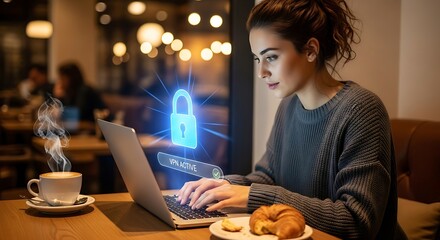 Woman Working on Laptop with Active VPN in Cafe