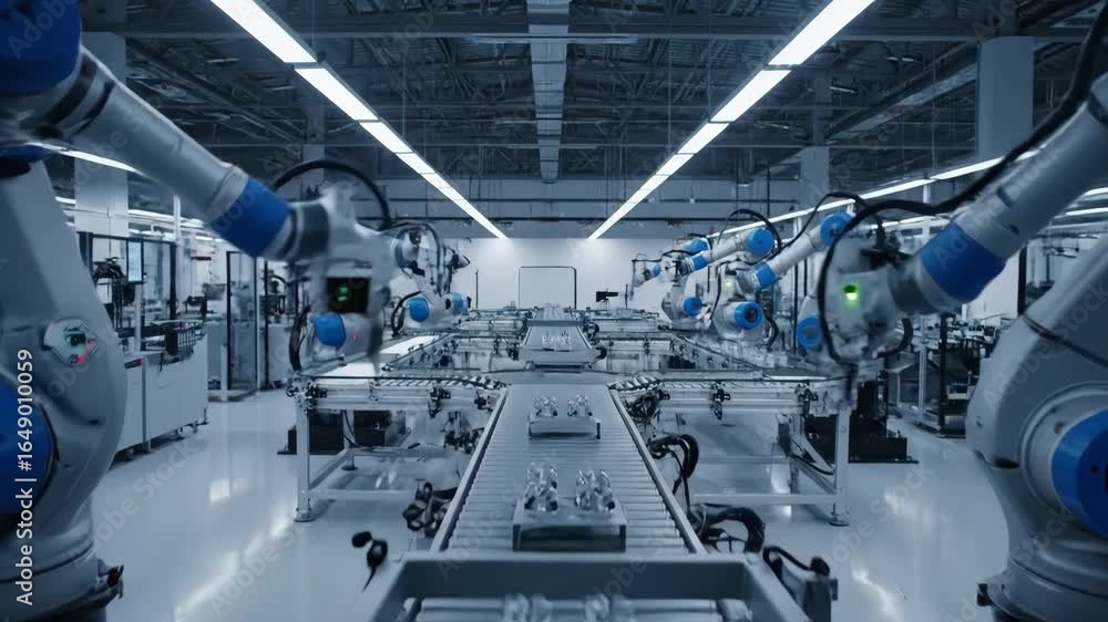 Poster automated robotics manufacturing process - two robotic arms precisely assemble parts on a conveyor b