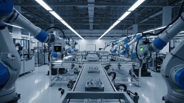 Automated Robotics Manufacturing Process - Two robotic arms precisely assemble parts on a conveyor belt in a modern, clean manufacturing facility.