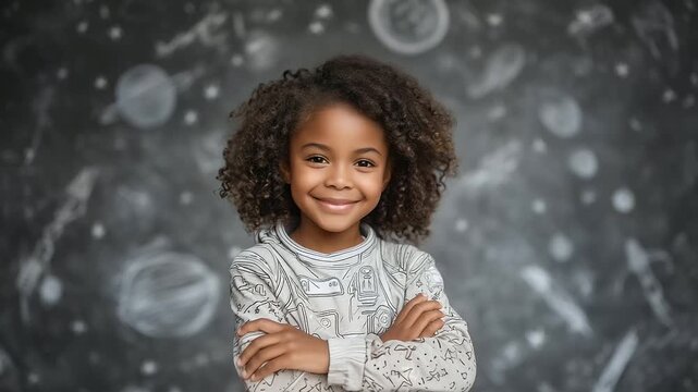 A smiling child standing confidently in front of a chalkboard, wearing a drawn-on astronaut suit - Powered by Adobe