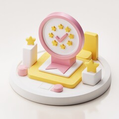 3D icon of a certification or quality seal, featuring a pink medal with stars and a checkmark, displayed on a white base with colorful geometric shapes