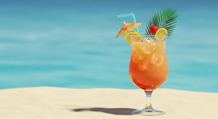 Colorful tropical cocktail on sandy beach with ocean backdrop during sunny day