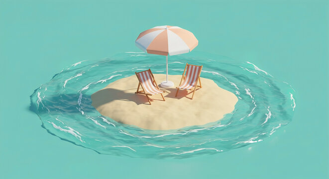 Relaxation spot with beach chairs and umbrella on a small island surrounded by turquoise waters