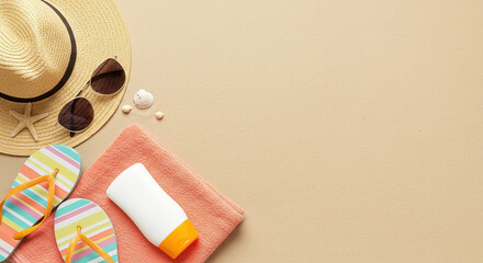 Summer beach essentials including sunhat, sunglasses, flip flops, and sunscreen on a sandy background