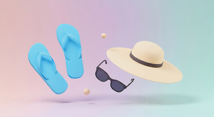 Summer vacation essentials with flip flops, sunglasses, and a hat on a pastel background