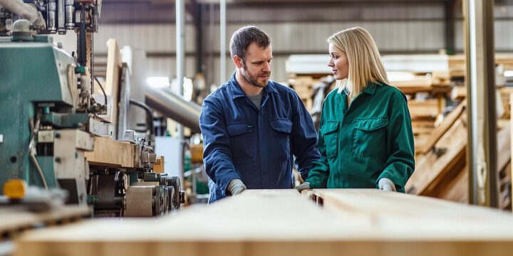 Discussion between coworkers in a woodworking facility Generative AI - Powered by Adobe