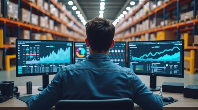 Man Monitoring Warehouse Data, logistics and supply chain management, modern technology.