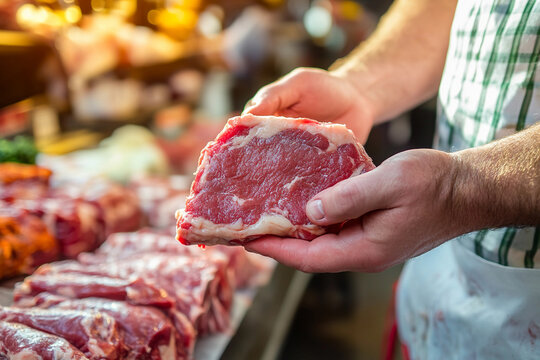 Butcher examines fresh steak in a market setting Generative AI