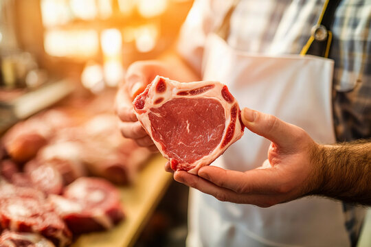 Butcher holding fresh cut of meat in a shop Generative AI
