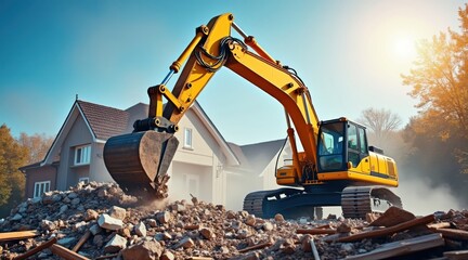 Excavator Demolishing a House, digging rubble for reconstruction, heavy machinery work.