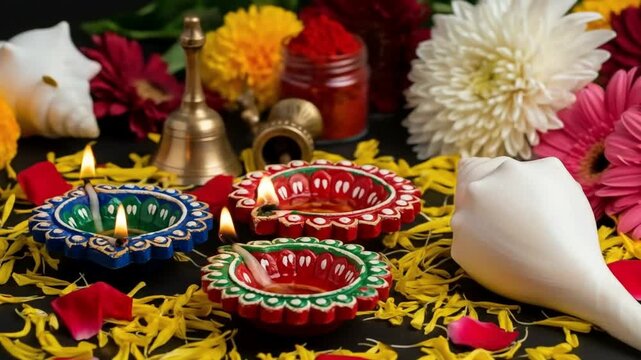 Various Size Big Diya, Small Deep, Clay Dia Lit With Shankh, Rodi, Roli, Kumkum, Flower, Phool Decoration. Theme For Diwali Pooja, Navratri, Dussehra Puja, Happy New Year, Deepawali Or Shubh ..