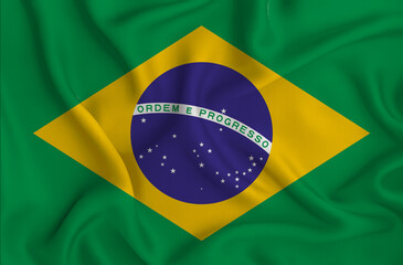 High-resolution 3D rendering of the Brazil national flag on silky fabric with realistic folds and...
