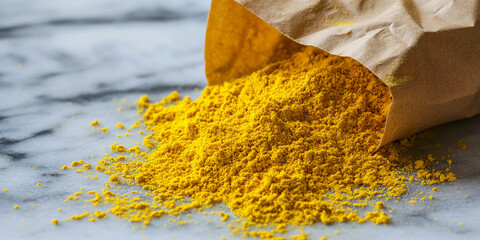 High-quality yellow spice powder spilling from a brown bag Generative AI