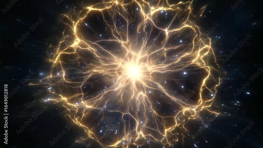 Poster futuristic plasma energy core exploding with golden filaments, sci-fi power source with cinematic li