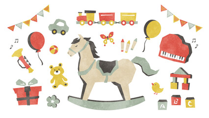 木馬とおもちゃのイラストセット