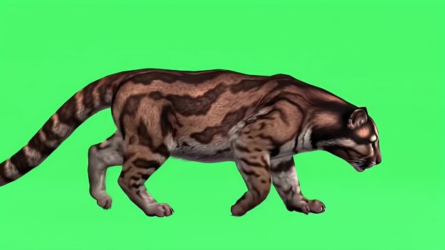 3D Rendered Clouded Leopard Walking on Green Screen - Isolated Digital Big Cat for VFX and Wildlife Projects