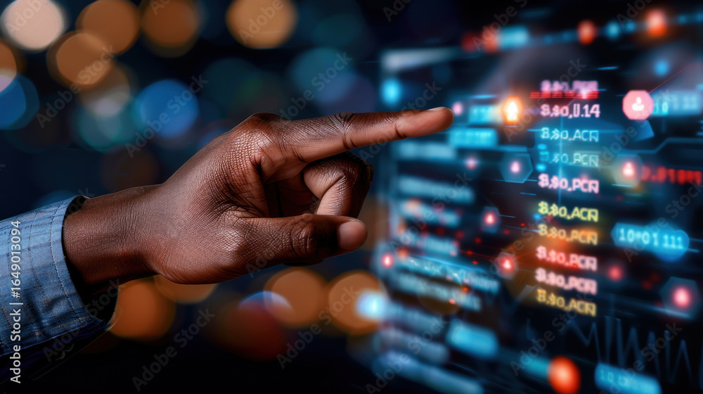 Poster hand interacts with digital display showcasing data analytics and financial metrics, illuminated by 