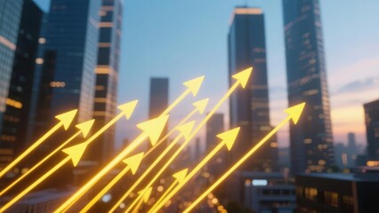 Golden arrows pointing upwards against a backdrop of urban skyscrapers at dusk
