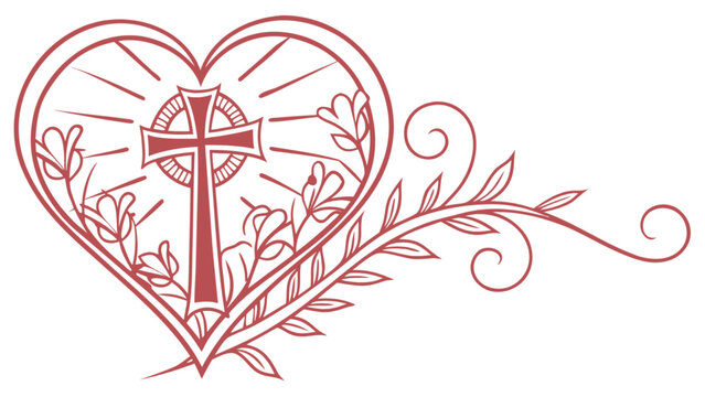 Christian cross heart floral design vector illustration for religious and spiritual themes artwork use - Powered by Adobe