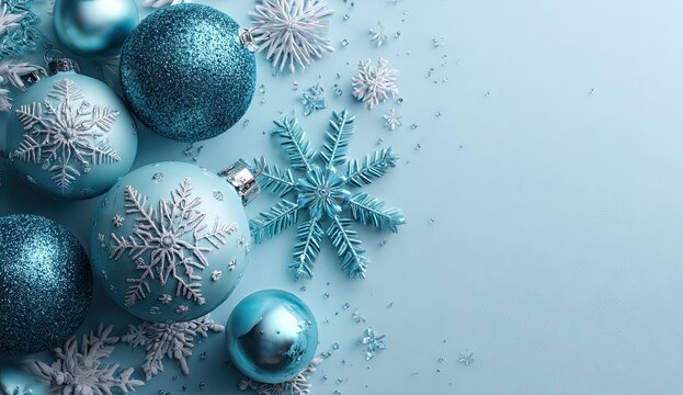 Festive light blue Christmas ornaments and snowflakes on a pale blue background