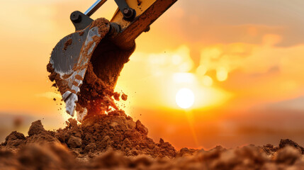 Excavator digging soil at sunset, showcasing powerful machinery against vibrant sky. warm colors evoke sense of progress and hard work in construction
