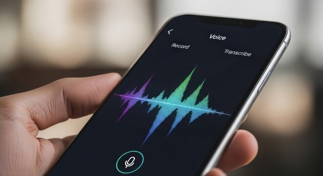 Modern smartphone displaying voice recording and transcription app held in hand with vibrant audio waveform visualization for technology concepts