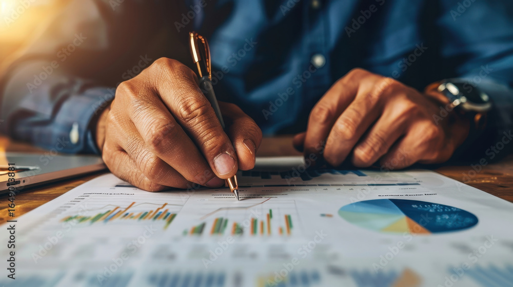 Poster business professional analyzing financial data with charts and graphs, taking notes with pen. scene 
