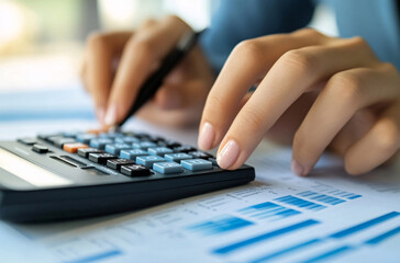 close up of a female hand holding a calculator