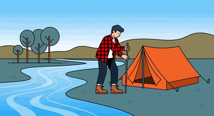 Fototapeta premium Man Sets Up His Orange Camping Tent Near The River In Nature Landscape