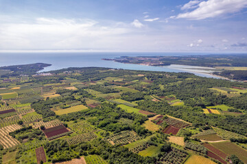 Aerial drone view of coastal farmland in Istria, Croatia.