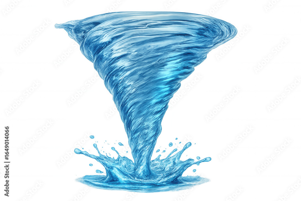 Poster spiraling azure water vortex generating dynamic splash, transparent backdrop showcasing fluid motion
