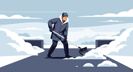 Man Shoveling Snow Illustration During Winter Season Cleanup After Heavy Snowfall