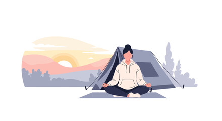 Fototapeta premium Mindful Camping Experience Woman Practices Yoga Meditation By Her Tent At Sunrise