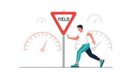 Man Stops Running By Yield Sign During Workout Or Competition Concept
