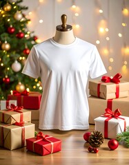 Ultra-realistic white t-shirt mockup on a mannequin, surrounded by wrapped Christmas presents and a festive decorated tree.