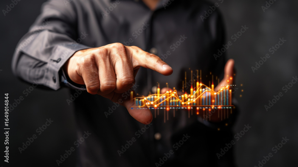Aufkleber person in formal shirt interacts with digital graph, showcasing upward trends and data visualization