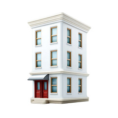 A charming threestory residential building with a red double door entrance, multiple windows, and an awning, isolated on a transparent background