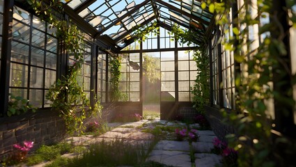 Fototapeta premium Interior of an old greenhouse with plants, flowers and sunlight.
