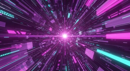 Obraz premium Hyperspace tunnel of vibrant purple and teal energy streaks.
