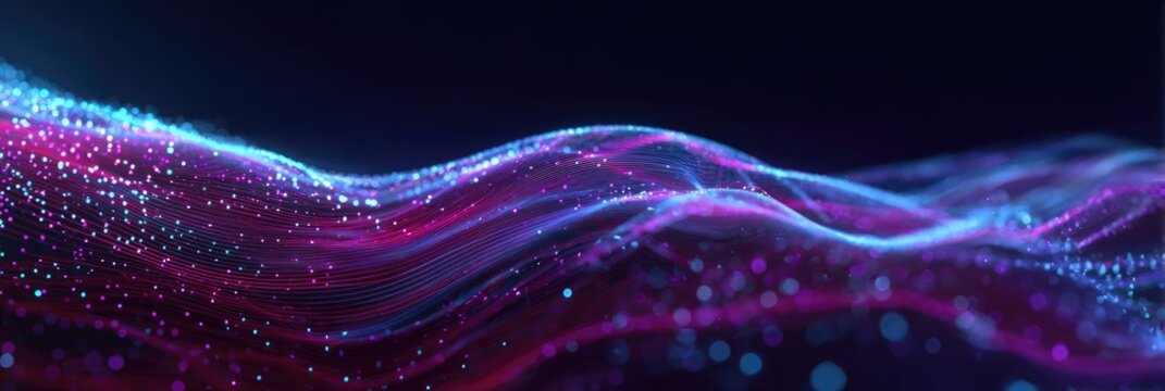 Abstract digital wave of vibrant purple and blue particles
