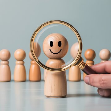 Magnifying glass over a happy wooden person with others in the background isolated on transparent background
