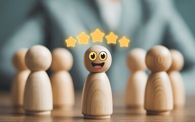 Happy wooden figure stands out among others with stars isolated on transparent background