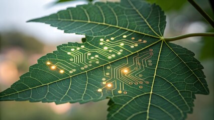 Leaf with integrated circuit, representing technology and nature integration