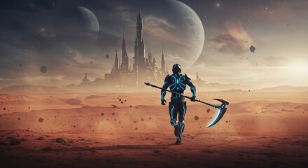 Futuristic Sci-Fi Scene: Armored Figure with Glowing Scythe Walking Towards a Towering Metropolis on a Red Planet with Alien Moons and Debris, Digital Art