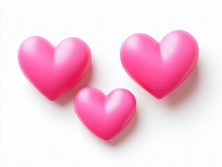 Three pink hearts of varying sizes, arranged in a slightly staggered, vertically-oriented trio, set against a plain white background.  The hearts appear smooth and glossy