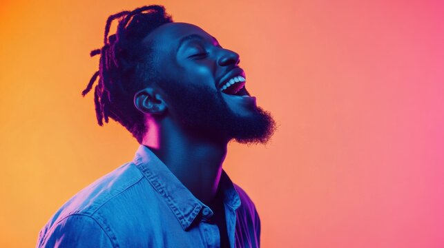 Joyful expression of a young African American man illuminated by vibrant neon lights - Powered by Adobe