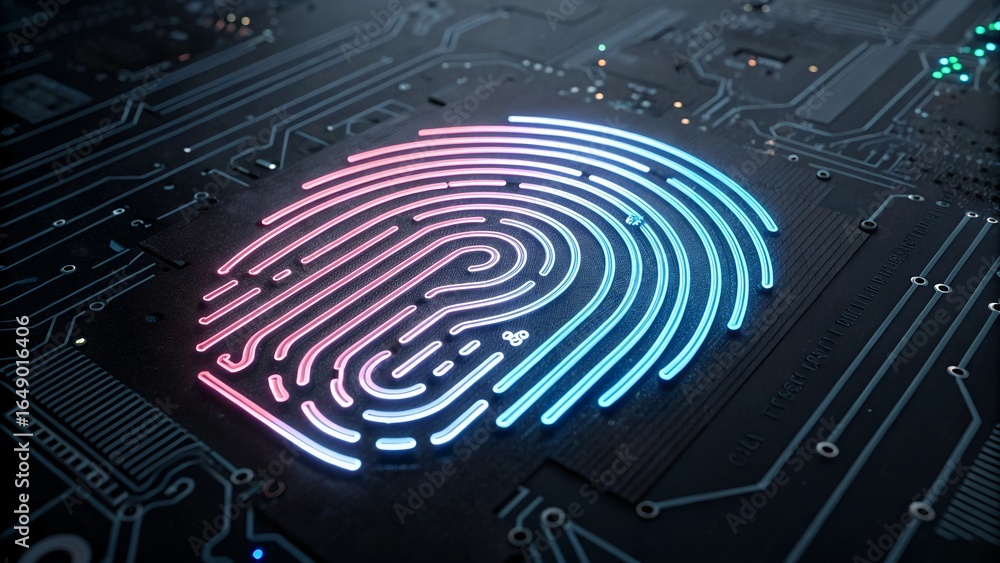 Aufkleber fingerprint scan on circuit board representing digital security and identification