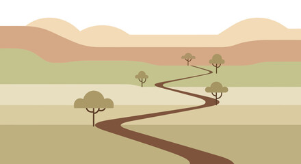 Minimalist Landscape Illustration With Winding Path And Earth Tones Palette