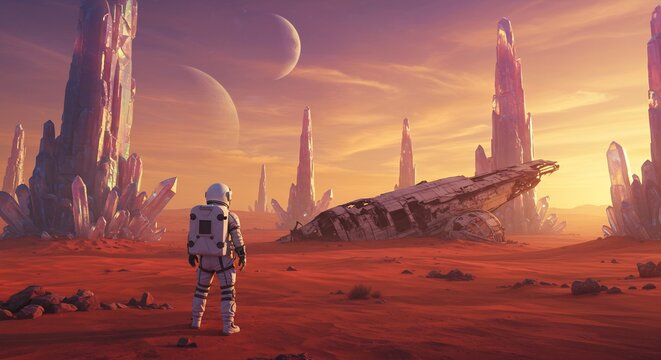 Astronaut Exploring Alien Landscape with Crystal Formations, Crashed Spaceship and a Dramatic Sunset, Futuristic Sci-Fi Scene