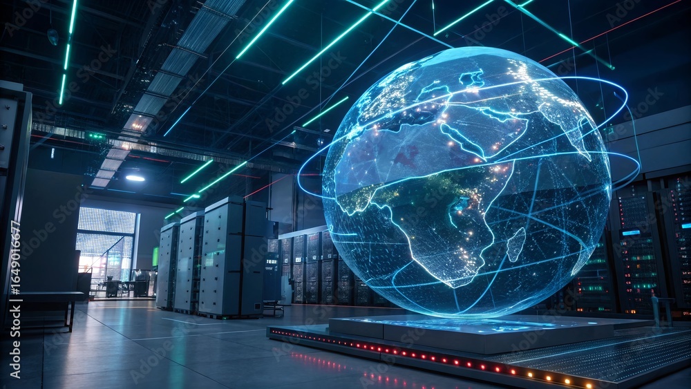 Poster digital earth globe in server room representing global data network and communication